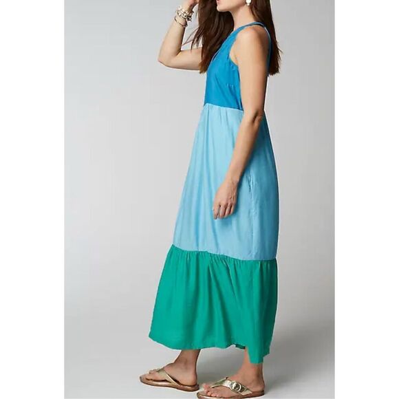 J. Jill Color Block Tier Maxi Tank Dress Blue Green Rayon Pockets Sz 2X - Picture 1 of 9